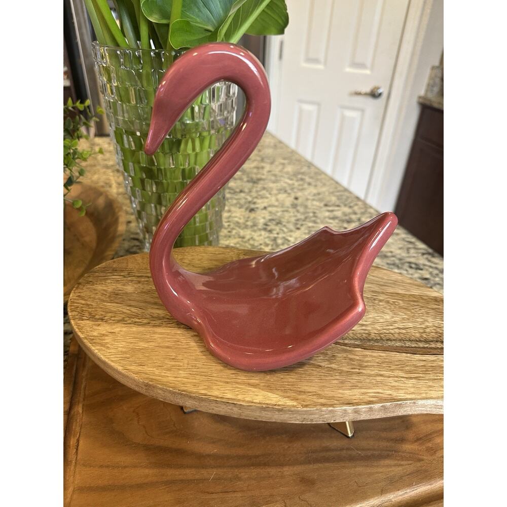 Mauve Ceramic Swan Figurine Vintage 80s Glossy Glaze Mauve Rose Bird Sculpture